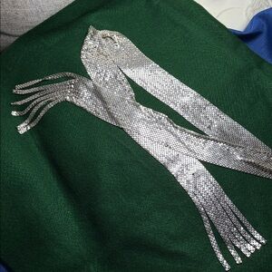 silver toned metal mesh skinny scarf, chainmail neck tie tassels